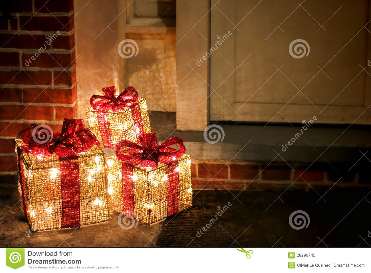 Lighted Decorated Christmas Gifts Boxes At Doorway Stock Image regarding proportions 1300 X 957